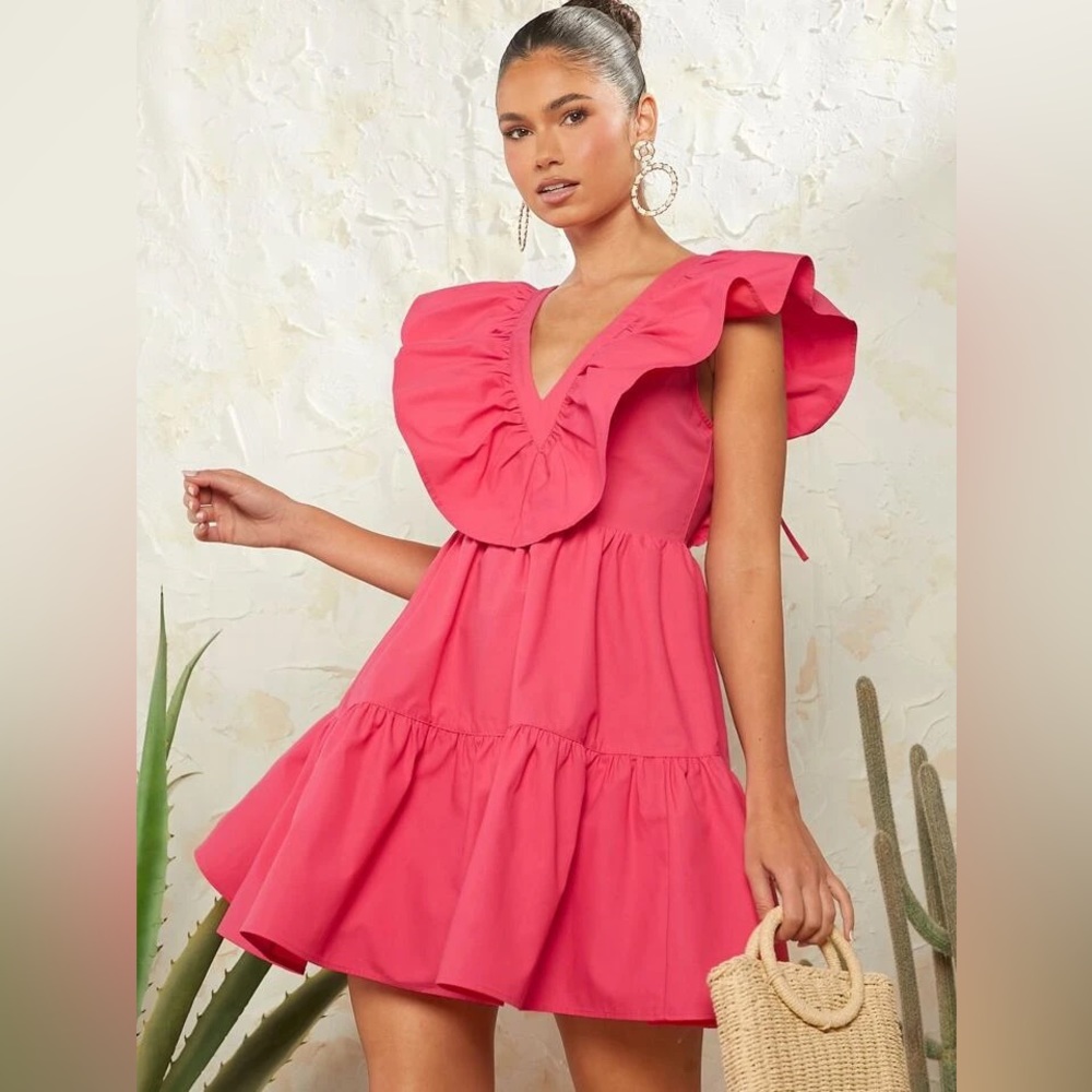 Shein VCay Pink Ruffle Trim Backless Dress Size Small NWOT